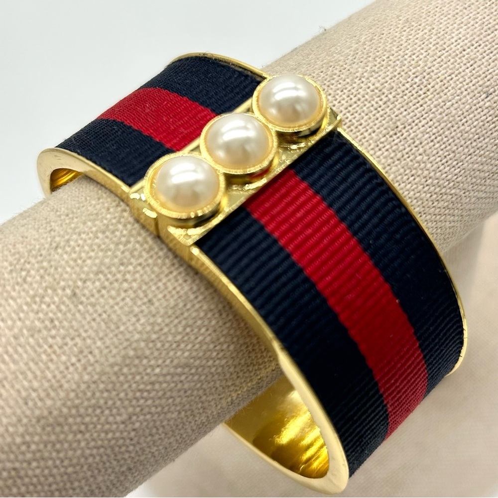 Talbots Navy Red Pearl Hinged Bangle Bracelet